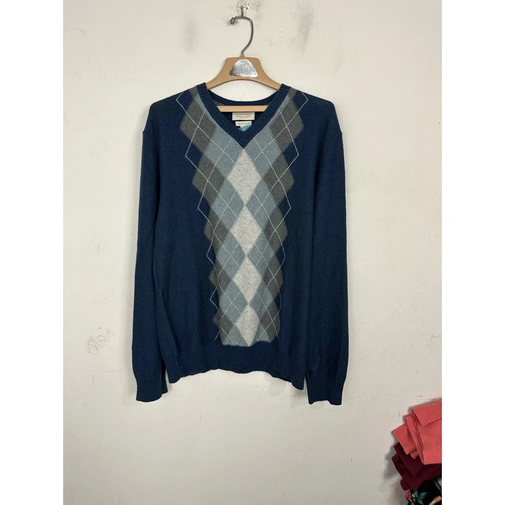 Banana Republic Mens XL Blue Argyle V-Neck Luxury Blend Cashmere Angora Sweater